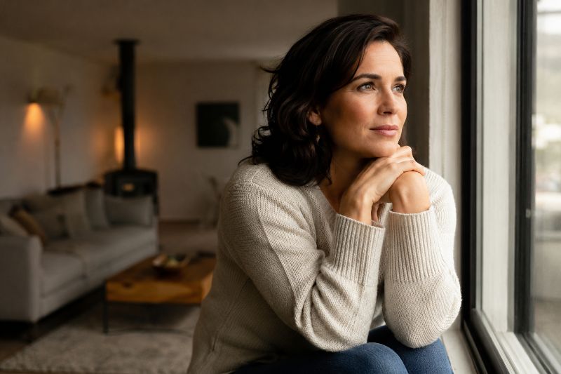 Mulher refletindo sobre limites e relações familiares