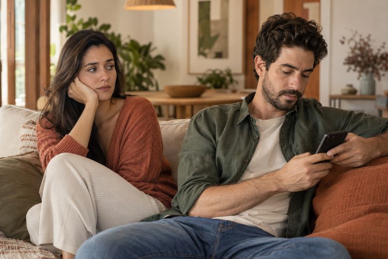 Casal no sofá, ele distraído com o celular e ela pensativa e distante