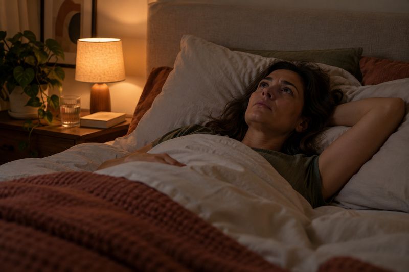 Mulher deitada na cama de olhos abertos à noite, pensando nas tarefas do dia seguinte