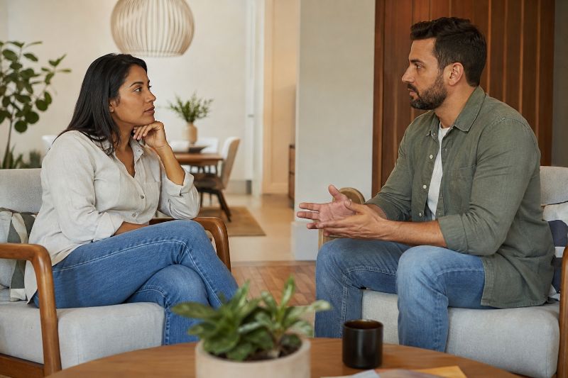 Casal conversando com respeito sobre conflitos do relacionamento