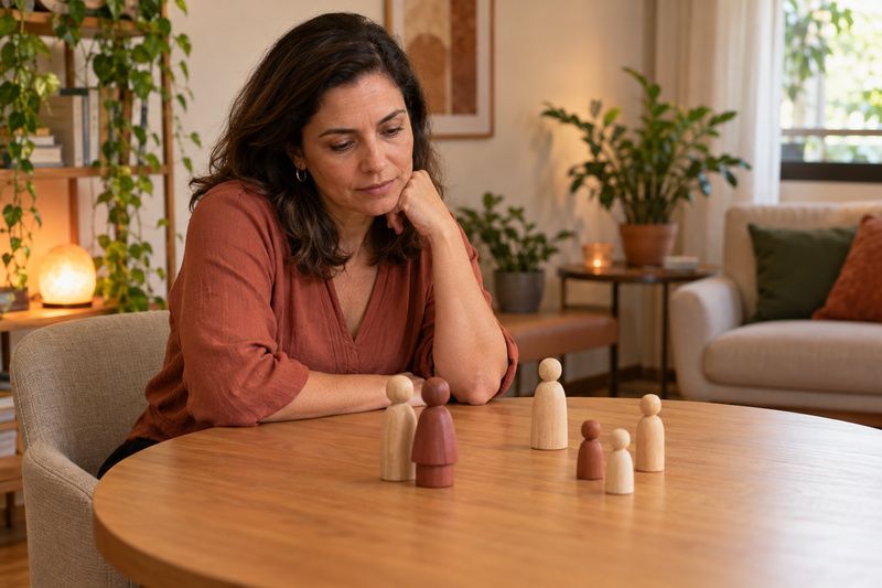 Mulher em sessão individual observando pequenos objetos de representação sobre uma mesa