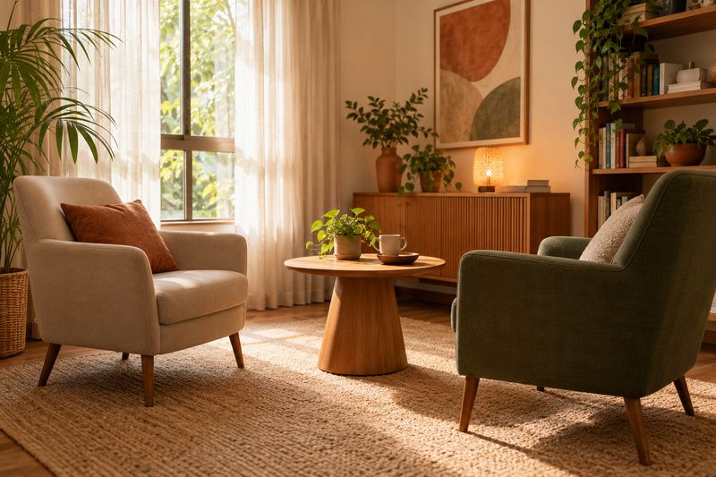 Sala de atendimento acolhedora com mesa pequena, poltronas e luz natural