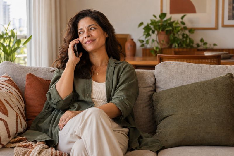 Mulher conversando ao celular com expressão tranquila em sua sala