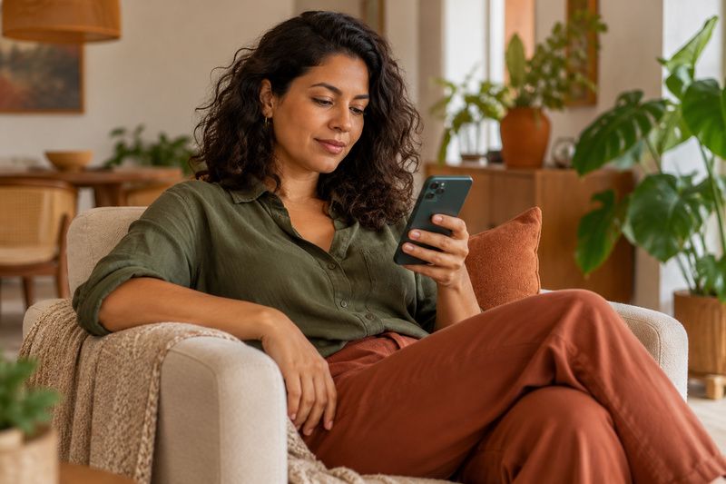Mulher lendo com atenção no celular, sentada em uma poltrona confortável