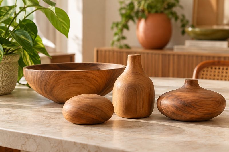 Objetos de madeira de formatos e tamanhos diferentes sobre uma mesa clara