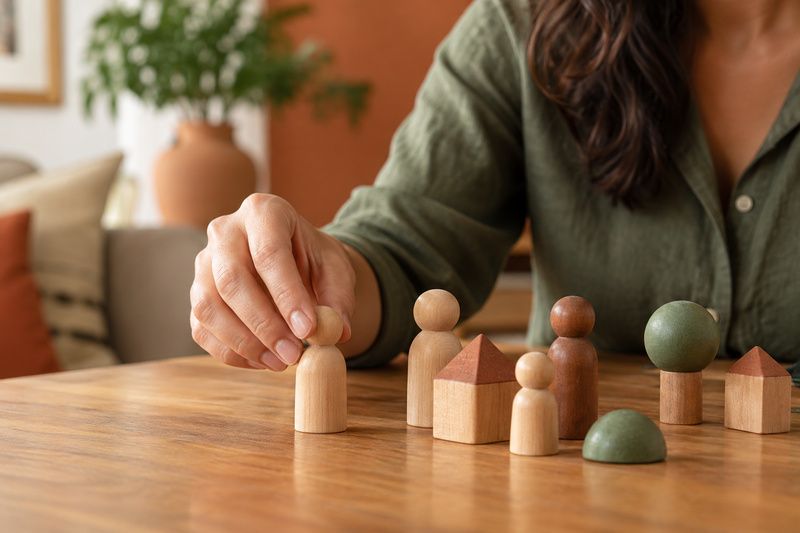 Mão de mulher posicionando uma peça de madeira ao lado de outras sobre a mesa