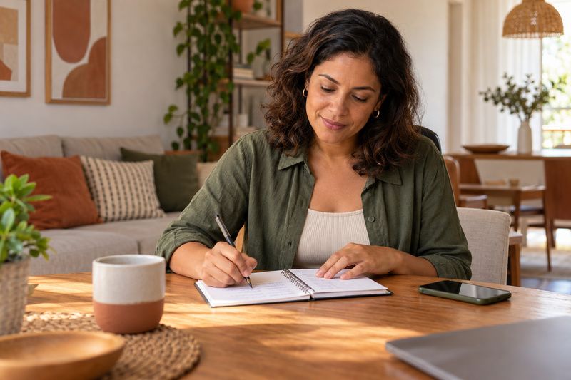 Mulher fazendo contas em um caderno para planejar o investimento em terapia
