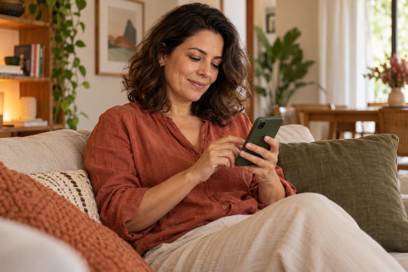 Mulher digitando uma mensagem no celular com expressão tranquila em casa