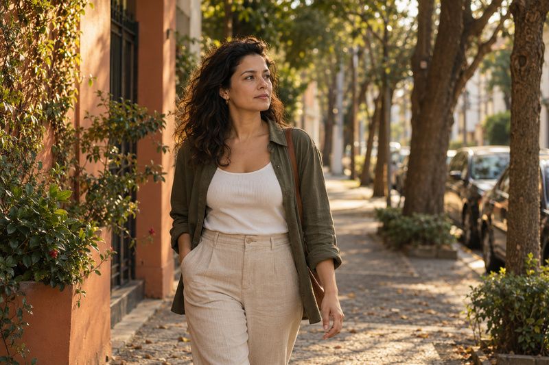 Mulher caminhando pensativa em uma rua arborizada depois da sessão