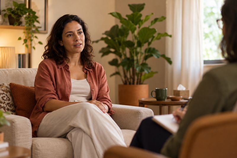 Mulher falando com calma em uma sessão individual em sala de atendimento