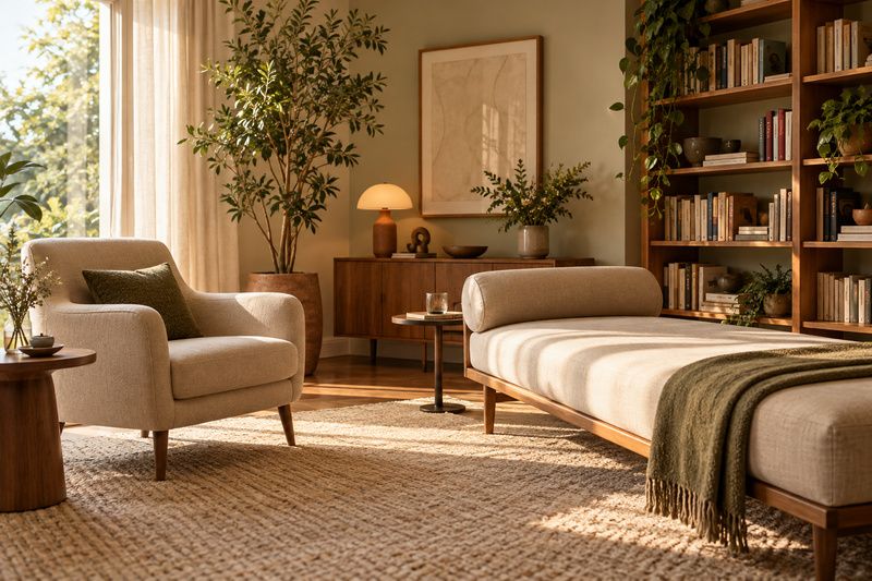 Poltronas de uma sala de atendimento psicanalítico com luz natural