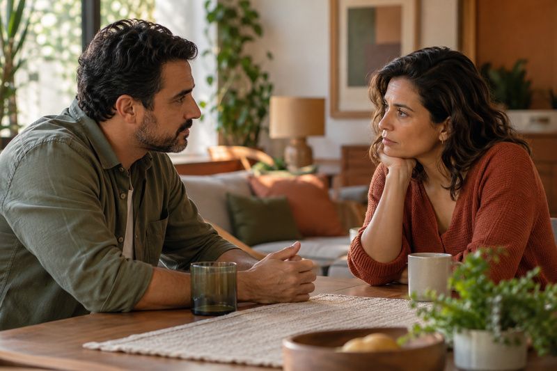 Casal conversando de frente um para o outro à mesa, com expressão séria e atenta