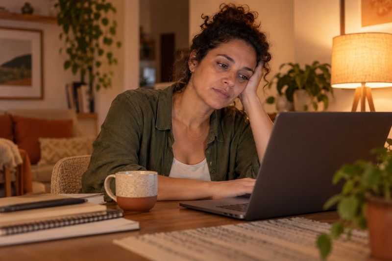 Mulher cansada apoiando a cabeça na mão diante do notebook no fim do dia