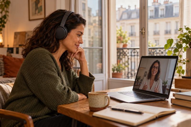 Brasileira que mora no exterior em sessão de terapia online pelo notebook