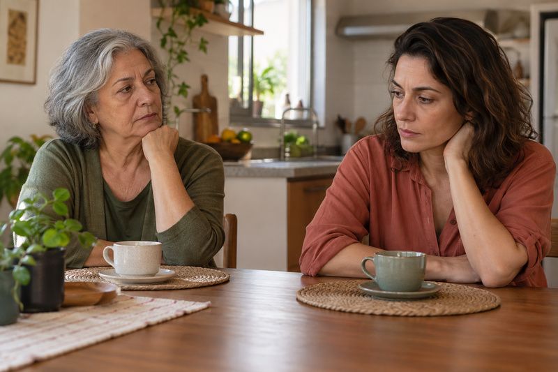 Mãe e filha adulta conversando à mesa em um momento de tensão