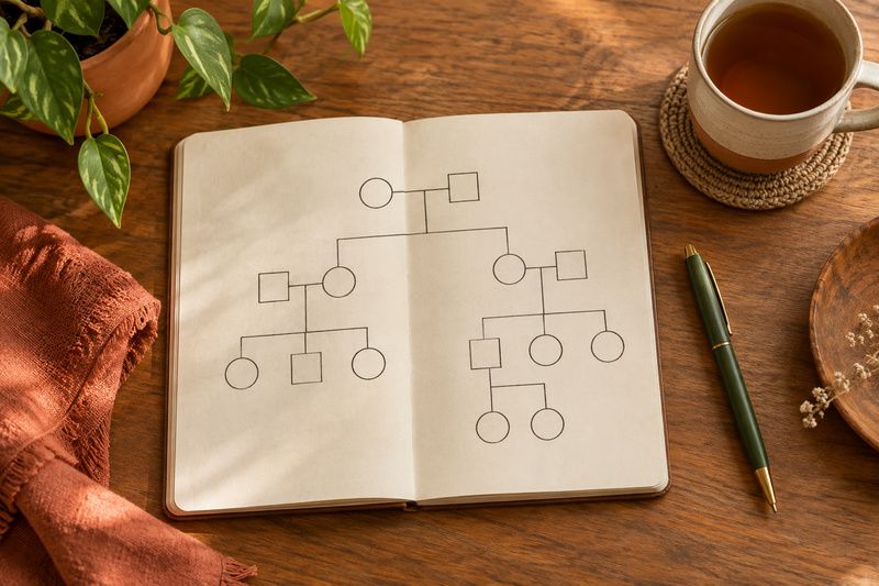 Caderno com anotações e mapa de relações familiares sobre uma mesa