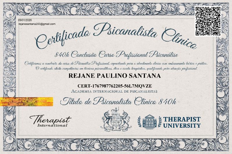 Certificado de Psicanalista Clínico de Rejane Santana